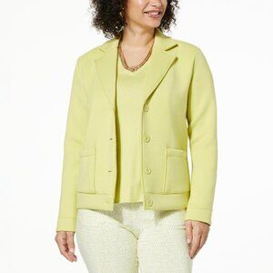 Wynne Layers Scuba Knit Button Down Jacket Plus Size 1X Long Sleeve Pear Relaxed